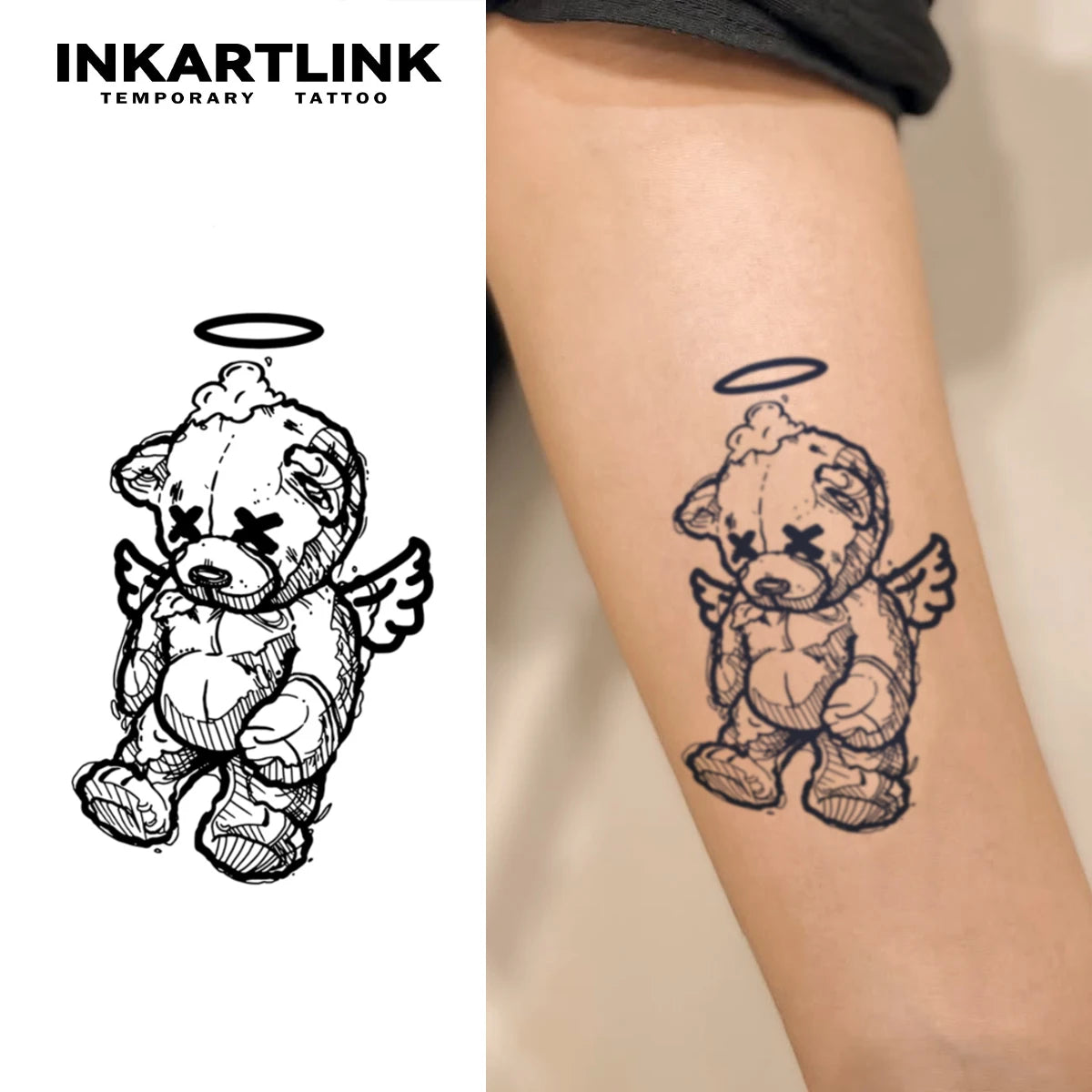 INKARLINK Rebellious Angel Bear Tattoo Patch 1-2 Weeks Long lasting Cartoon Halo Wings Waterproof Temporary Tattoo
