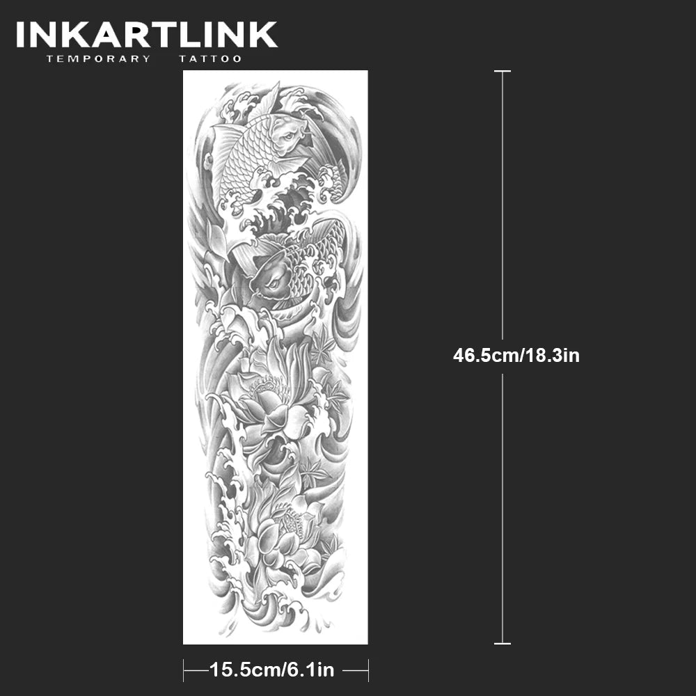 Sea Waves Flower Koi Temporary Tattoo,Lasts To 15 Days New Technology Magic Waterproof Semi Permanent Sticker,For Men's Sleeve.
