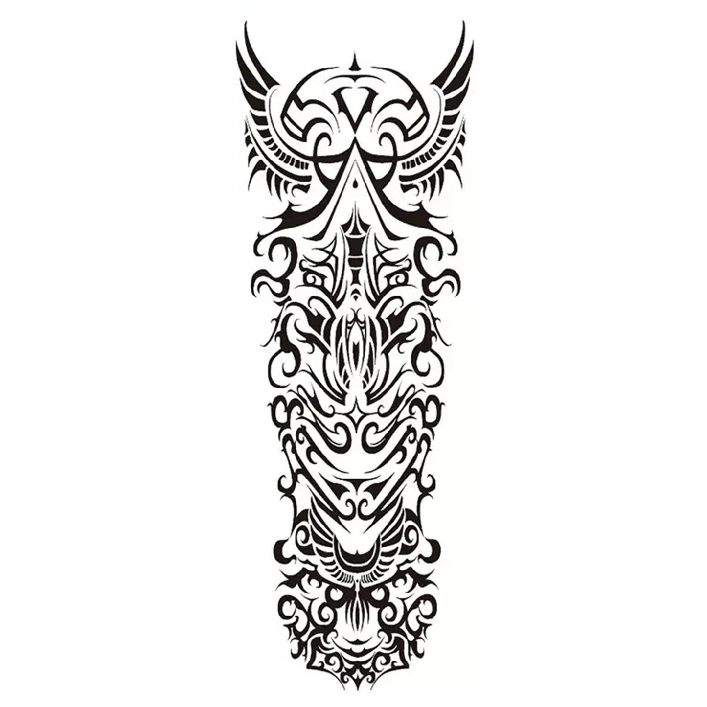 Tribal Style Black - And - White Temporary Tattoo, With Intricate Symmetrical Patterns And Curved Geometric Elements, Features D