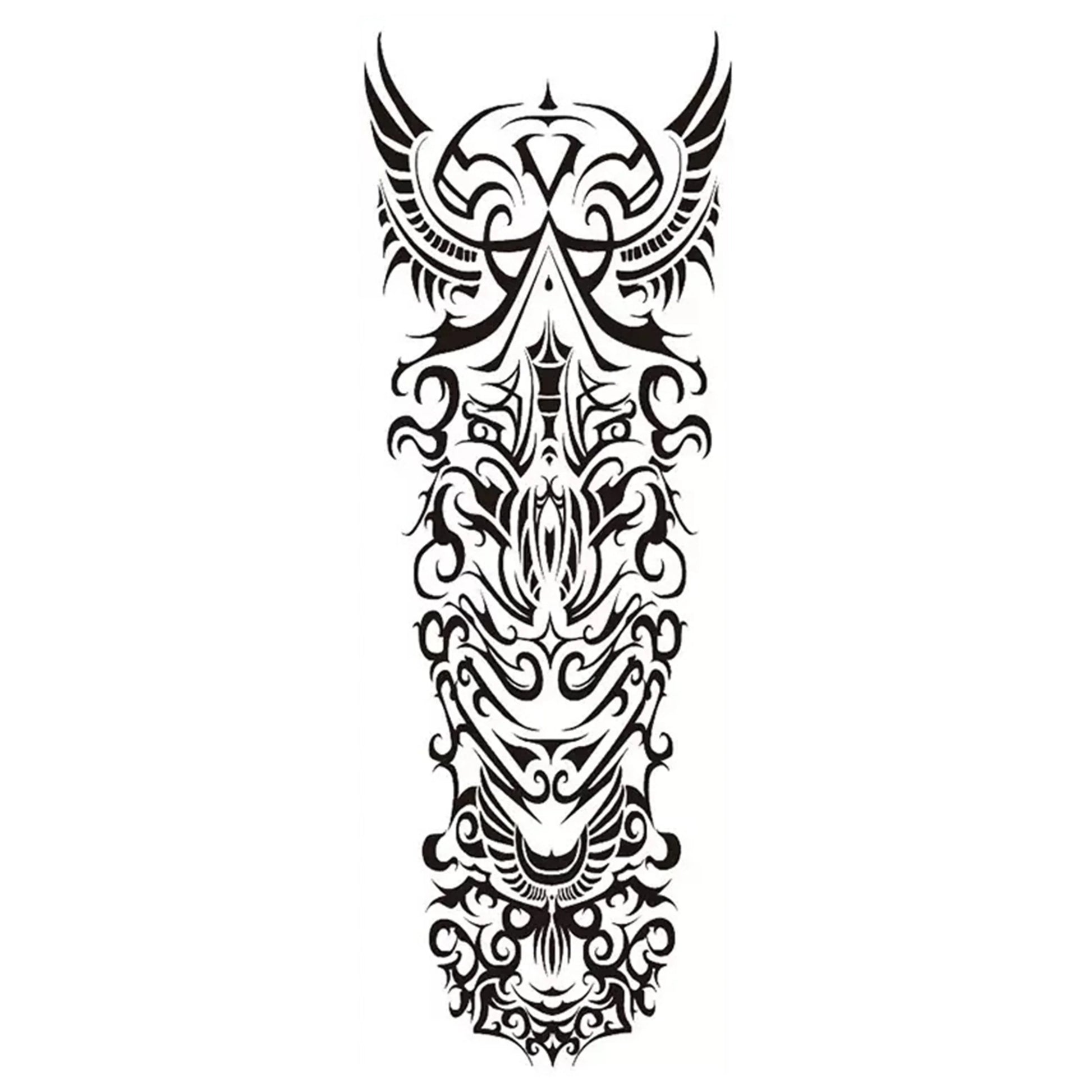 Tribal Style Black - And - White Temporary Tattoo, With Intricate Symmetrical Patterns And Curved Geometric Elements, Features D