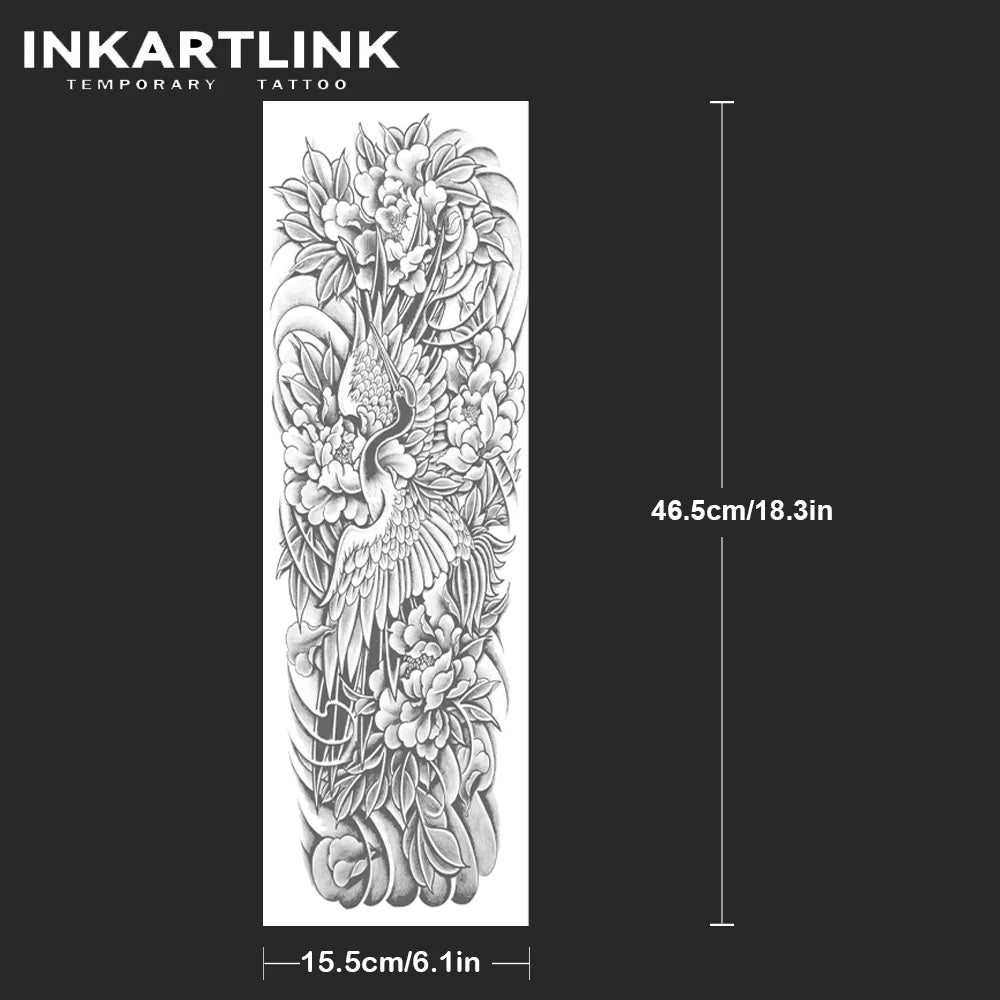 Crane And Peony Temporary Tattoo,Lasts To 15 Days New Technology Magic Waterproof Semi Permanent Sticker,For Men Sleeve Tattoos.