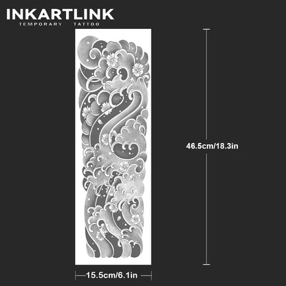 Waves And Cherry Blossoms Temporary Tattoo,Lasts To 15 Days New Technology Magic Waterproof Semi Permanent Sticker,For Men.