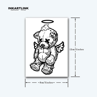 INKARLINK Rebellious Angel Bear Tattoo Patch 1-2 Weeks Long lasting Cartoon Halo Wings Waterproof Temporary Tattoo
