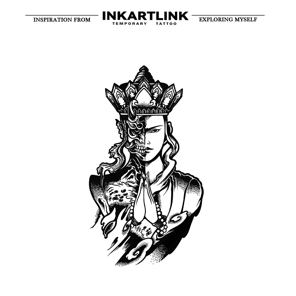 INKARTLINK Double Crown Tattoo Patch for 1-2 Weeks, Durable Skeleton Face Conflict Aesthetics, Waterproof, Temporary Tattoo