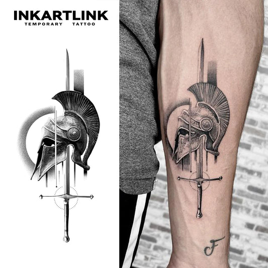 Corinthian Helmet And Sword Temporary Tattoo,Lasts To 15 Days New Technology Magic Waterproof Semi Permanent Sticker,For Party.