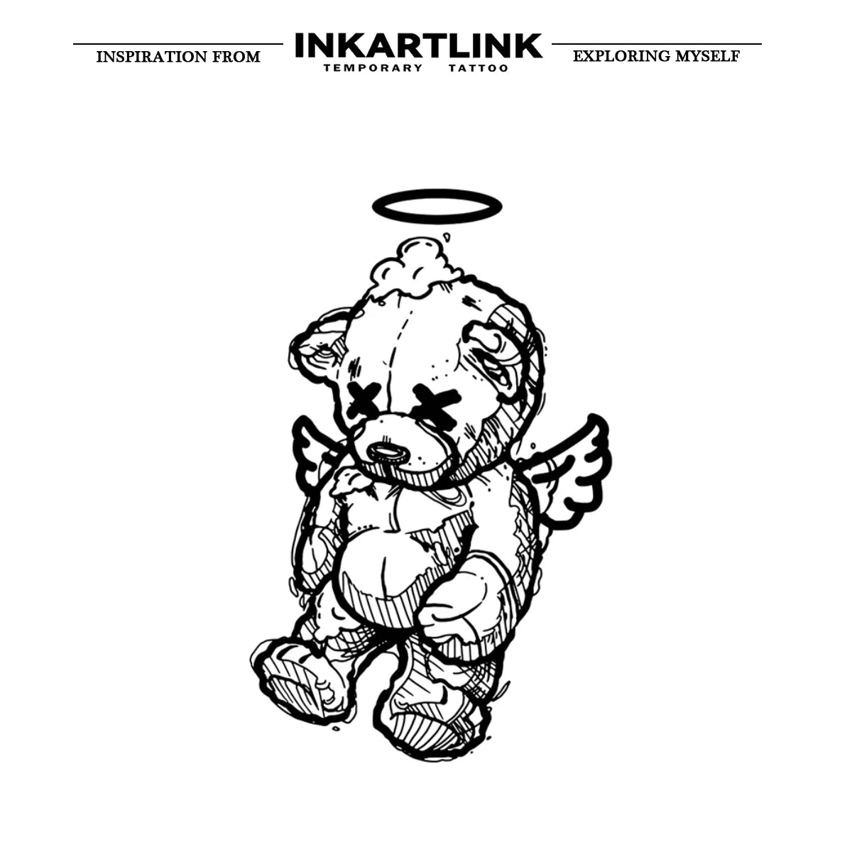INKARLINK Rebellious Angel Bear Tattoo Patch 1-2 Weeks Long lasting Cartoon Halo Wings Waterproof Temporary Tattoo
