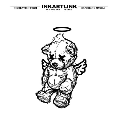 INKARLINK Rebellious Angel Bear Tattoo Patch 1-2 Weeks Long lasting Cartoon Halo Wings Waterproof Temporary Tattoo