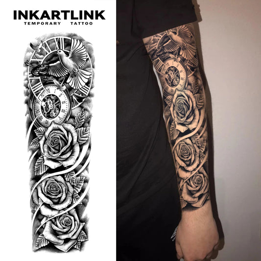 White Dove Rose Temporary Tattoo,Lasts To 15 Days New Technology Magic Waterproof Semi Permanent Sticker,For Men Sleeve Tattoos.